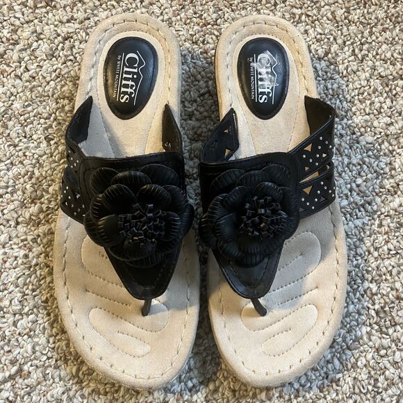 Cliffs by White Mountain Cynthia Sandals Size 10 M Slide On Black Floral Studded - Picture 2 of 11